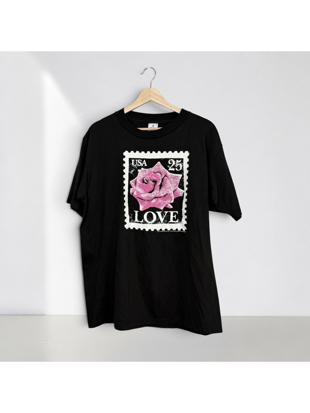Vintage 90s Love Stamp Rose Graphic T-Shirt Black Romantic Grunge Tee